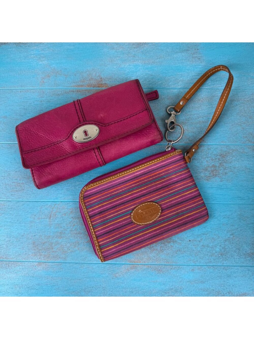 VTG Y2K Set of 2 Fossil Striped Wristlet & Maddox Pink Leather Trifold Wallets